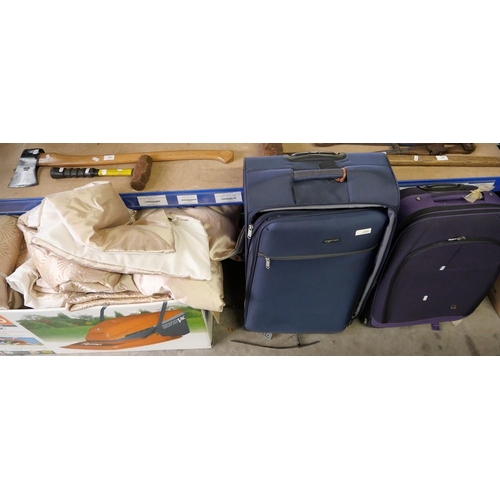 160 - Large Box of Assorted Linen and Two Suitcases