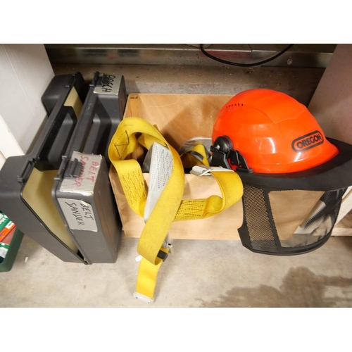 33 - Box with Angle Grinder, Safety Helmet with ear protection and visor and a Safety Harness