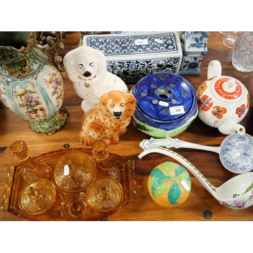 438 - Amber Glass Dressing Table Set, Majolica Preserve Jar, Mantle Dogs, Portmeirion Ladel Etc.