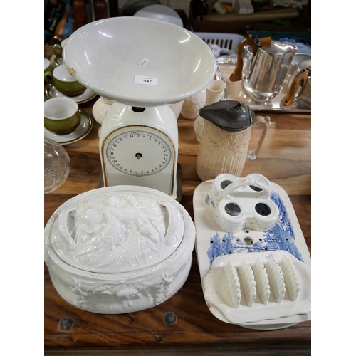 447 - Vintage Ceramic Kitchen Scales, Game Decorated Tureen, Victorian Jug, Blue & White Drip Tray Etc