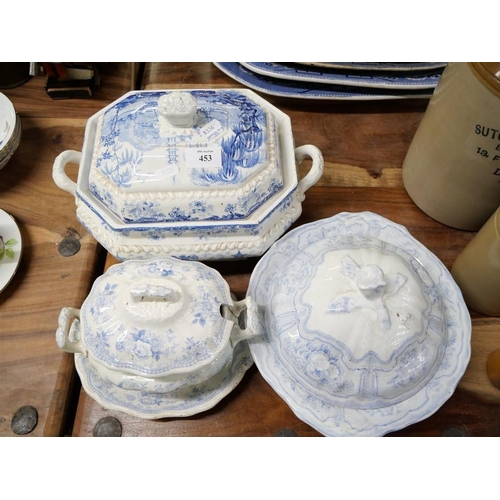 453 - 3 Antique Blue & White Tureens