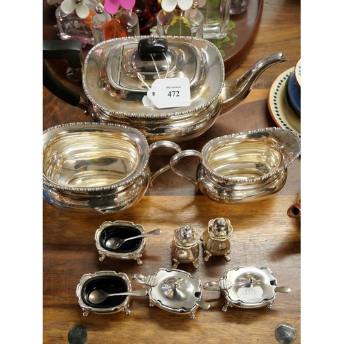 472 - Silver Plated Tea Set, Cruet Set & Salt & Pepper