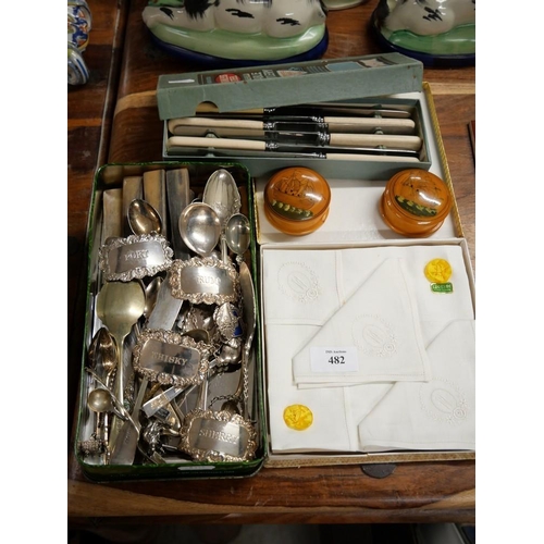 482 - Silver Plated Cutlery, Spirit Labels, Irish Linen Handkerchief Etc.