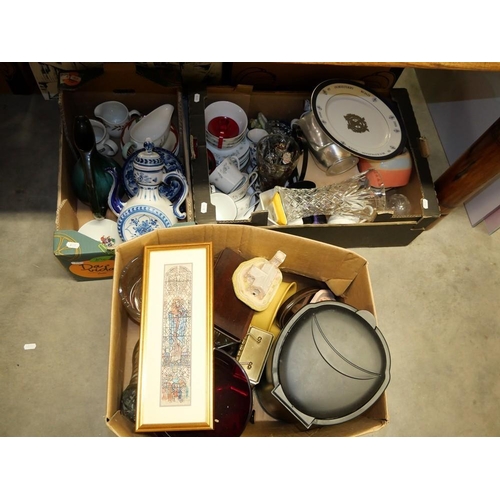 499 - 3 Boxes - Russian Pottery, Cut Glass, Bowls, Jugs, Part Noritake Teaset etc