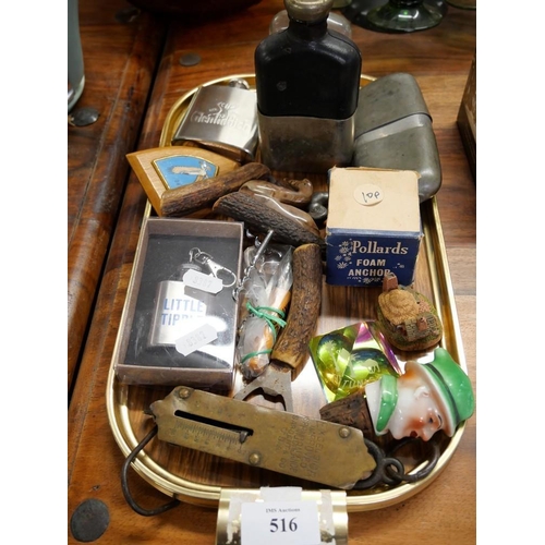 516 - Tray- Fishing Scales, Horn Cork Screws, Pewter Flask Etc.