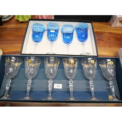 530 - Set Of 6 Crystal Wine Glasses & Set Of 4 Blue Etched Wine Glasses In Original Boxes