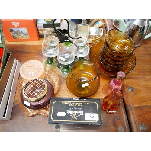 532 - Assorted Glass Including - Hoch Glasses, Amber Glass Dessert Set Etc