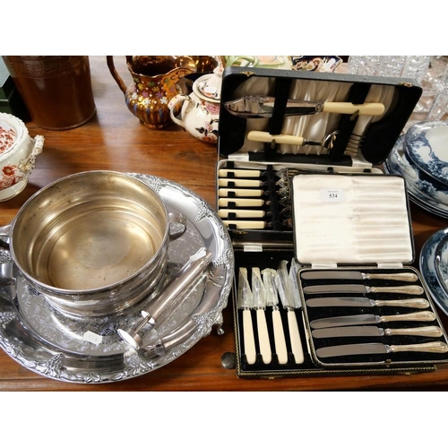 534 - EP Tureen & Tray, Assorted Flatware