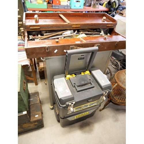 55 - Metal Tool Box, Vintage Wooden Tool Box & Stanley Mobile Work Box With Contents