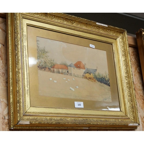 600 - Gilt Framed Watercolor Farming Scene 1884