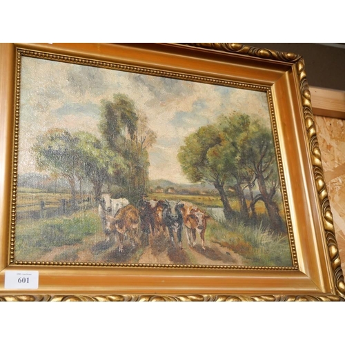 601 - Gilt Framed Oil On Board Herding Cows By A. Hogg