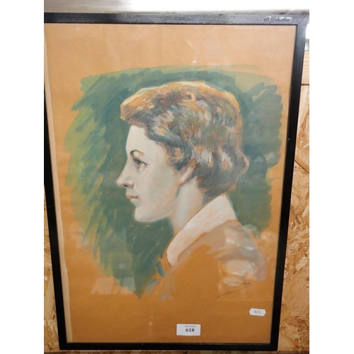 618 - Watercolor Portrait of  A Lady,  With  indistinct Signature