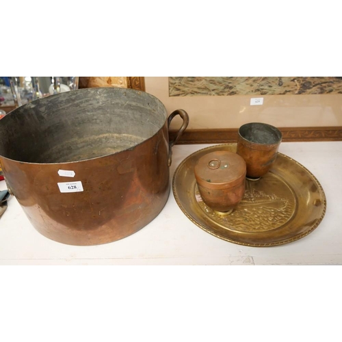 628 - Large Copper Cooking Pot, 2 Copper Jars & Brass Charger