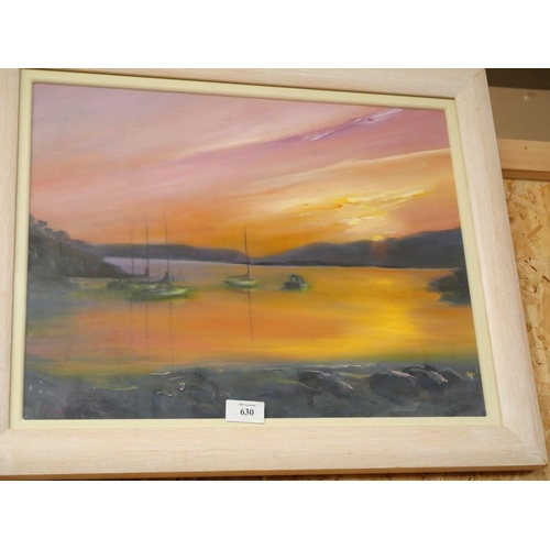 630 - Oil Painting Sunset On Harbor Scene Signed