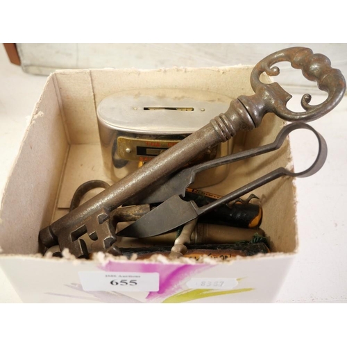 655 - Box- Perth Savings Bank, Antique Key, Corkscrews Etc