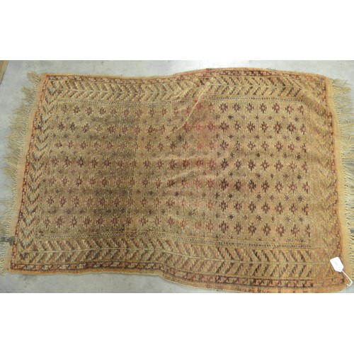 2466 - Fringed & Bordered Geometric Woolen Rug On Brown Ground  ( Approx. 122cm X 85cm)