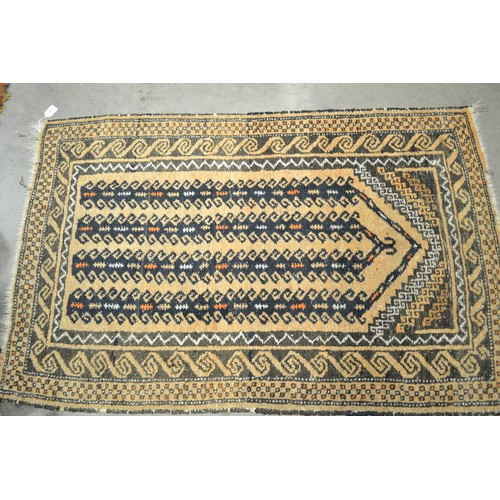 2467 - Fringed & Bordered Geometric Woolen Rug On Brown Ground  ( Approx 144cm X 90cm)