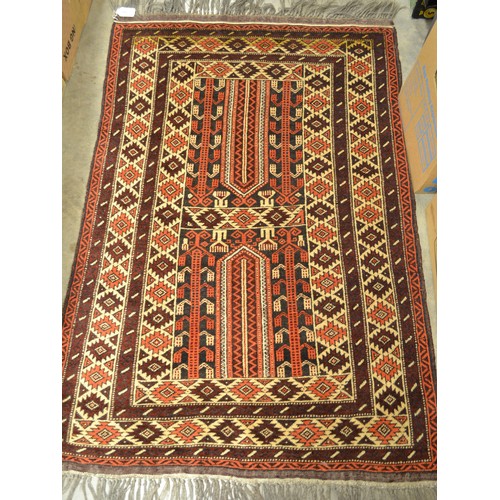 2468 - Fringed & Bordered Geometric Woolen Rug On Red Ground ( Approx. 130 X 90cm)