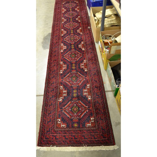 2469 - Fringed & Bordered Geometric Woolen Rug On Red & Blue Ground ( Approx 284 X 63cm)