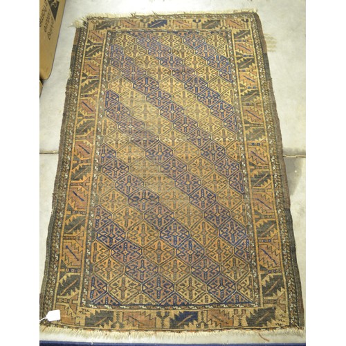 2470 - Fringed & Bordered Geometric Woolen Rug On Blue & Brown Ground  (Approx. 146 X 90cm)