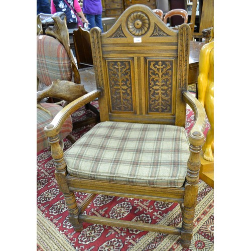 3286 - Carved Oak Hall Chair with Tartan Cushion