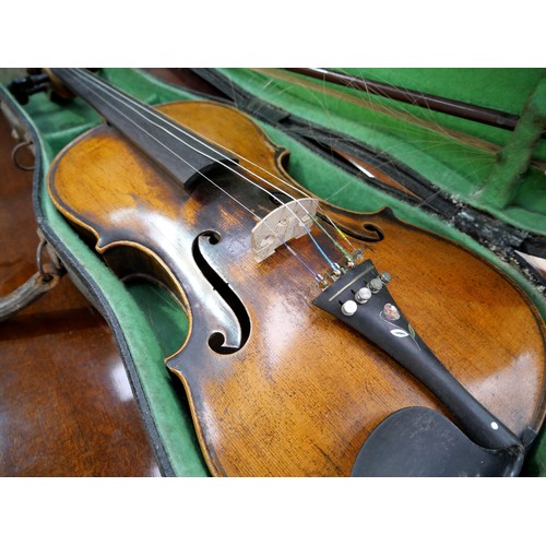 2071 - Antique Violin & Bow - paper label reads 