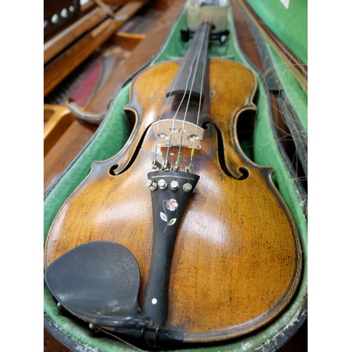 2071 - Antique Violin & Bow - paper label reads 