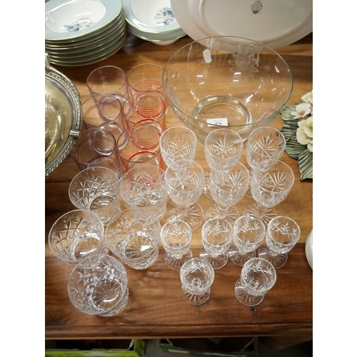 476 - Crystal Whisky & Sherry Glasses, Etched Glass Fruit Bowl & 6 Vintage Glass Tumblers