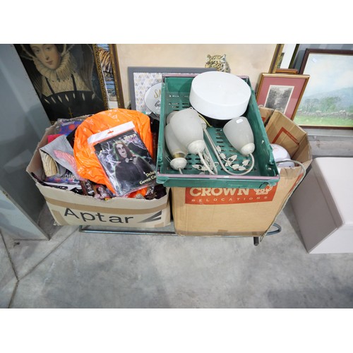 3157 - Vintage Sledge, Box of Fancy Dress Costumes & 2 Boxes - Assorted Lamps & Light Fittings