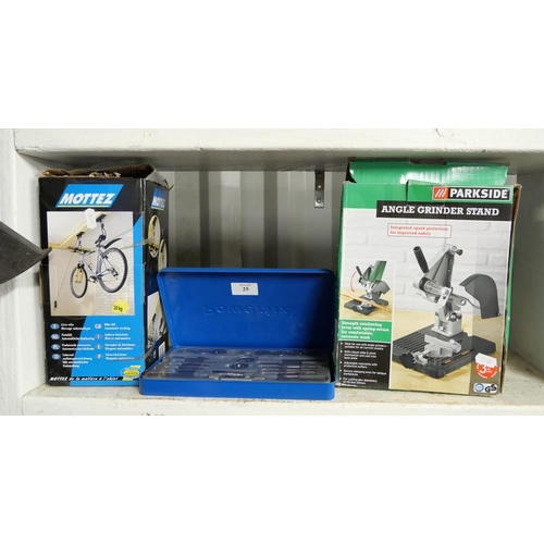 25 - Tap & Dye Set, 20 kilogram Bike Hanger & Angle Grinder Stand.