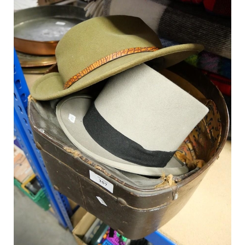 357 - Hat box with Grey Top Hat and 1 other Hat