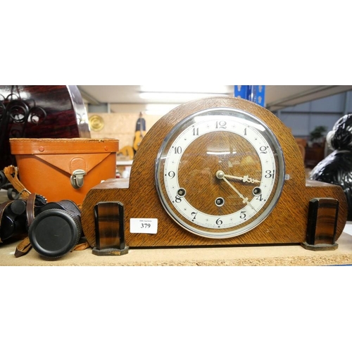 379 - 1930's Oak Mantle Clock and Binoculars