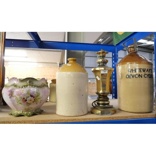 382 - Stoneware Pots, Brass Lamp & Floral Planter