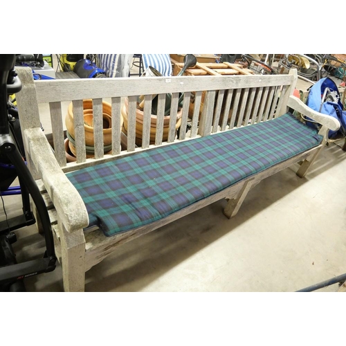 52 - 2.4M Hardwood Garden Bench With Tartan Cushion