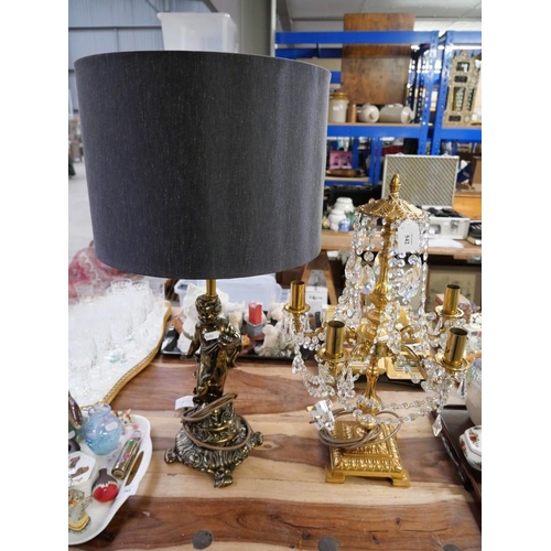 542 - Brass Cherub Table Lamp & Brass Candelabra Table Lamp