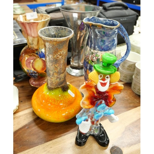 567 - Art Glass Clown, Maling Jug, 1970s Vase Etc