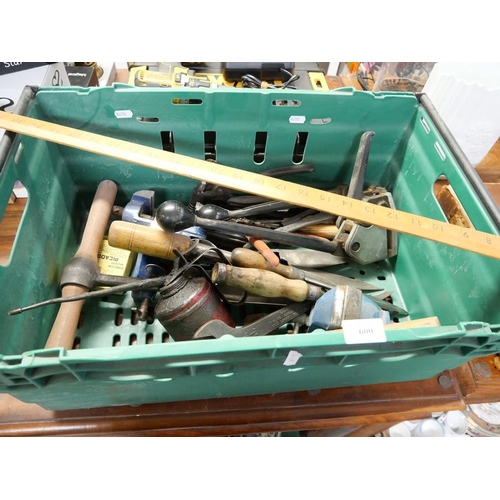 600 - Box - Assorted Tools Including, 2 Bench Vices, Vintage Oil Tin, Chisels Etc