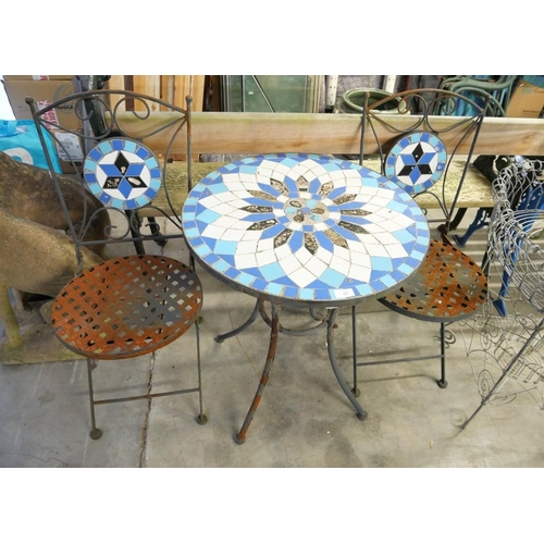 62 - Mosaic Garden Table & 2 Matching Metal Chairs