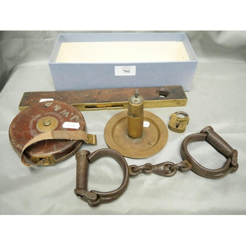 701 - Antique Tape Measure, A. Mathieson Level, Trench Art Lighter & Pair Of Antique Handcuffs