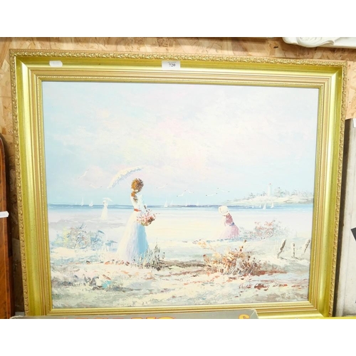 720 - Gilt Framed Oil Painting - Young Ladies On Beach