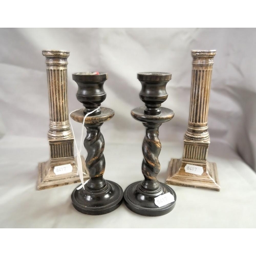 1002 - Pair of Oak Barley Twist Candlesticks and a Pair of Silver Plated Candlesticks, Tallest approx. 18cm... 