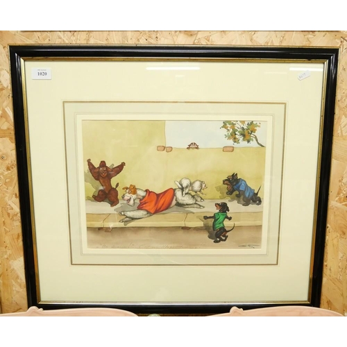 1020 - Framed Boris O'Klein Water Colour - Dirty Dogs of Paris Series, approx 36cm x 27cm.