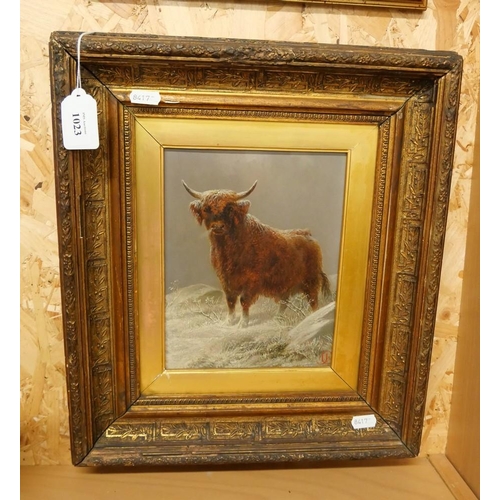 1023 - Framed Oil on Board, Highland Cow in Winter Landscape, signed Charles James 1865, approx. 17cm x 22c... 