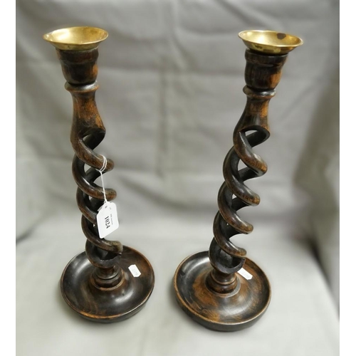 1024 - Pair of Vintage Oak Helical Candlesticks with Brass Collars, approx. 37cm Tall