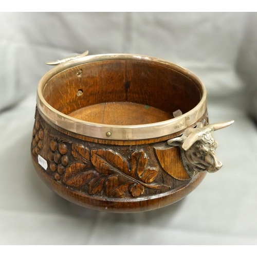 1025 - Carved Oak Bowl with Silver Plated Bulls Head Handles and Mounts, approx 35cm at Widest Point.