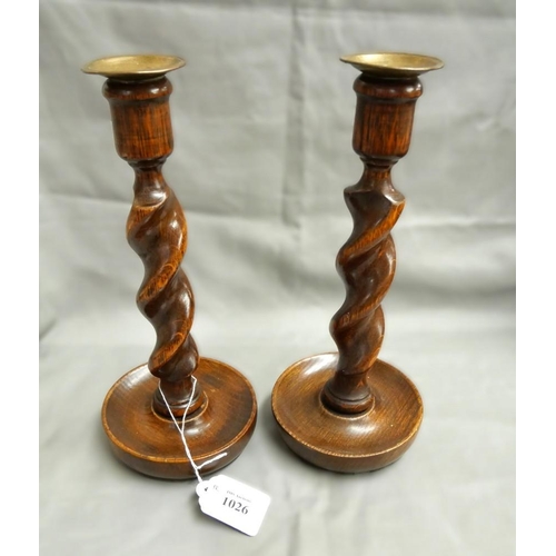 1026 - Pair of Vintage Oak Barley Twist Candlesticks with Brass Collars, approx. 26cm Tall.