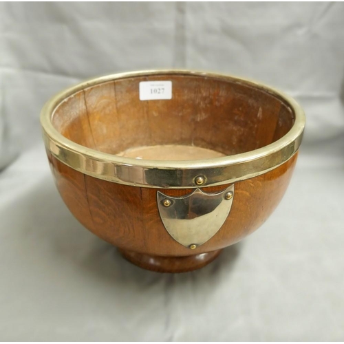 1027 - Vintage Turned Oak Footed Bowl with Silver Plated Collar & Shield, approx 34cm in Diameter.