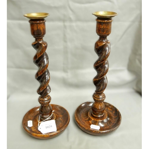 1029 - Pair of Vintage Oak Barley Twist Candlesticks with Brass Collars, approx. 31cm Tall