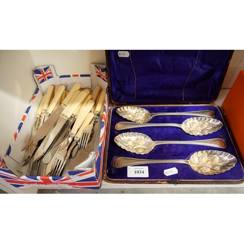 1034 - Cased Set of 4 E.P.N.S Serving Spoons and a Box of Vintage Flatware.