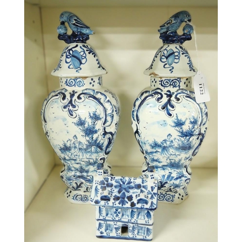 1122 - Pair of Delft Lidded Jars, approx. 32cm Tall, and a Small Delft House